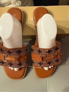 Beaded Tan Slide Sandals with Gold-Tone Hardware